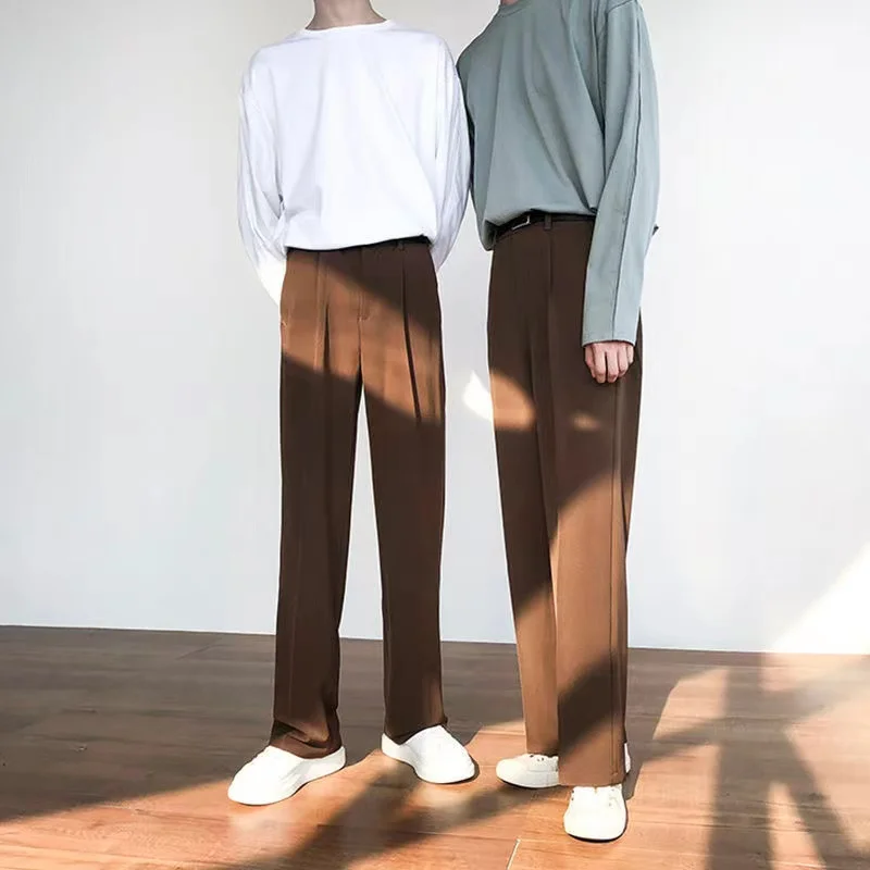 

2021 Men's Brown Color Straight Pants Slim Fit Korean Style Solid Color Suit Pants Comfortable Fabric High-quality Trousers