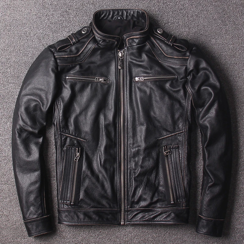 Ретро Винтаж Черный мужской крест мотоциклетная кожаная куртка размера плюс XXXXXL настоящая воловья кожа американский стиль Байкерская кожаная куртка