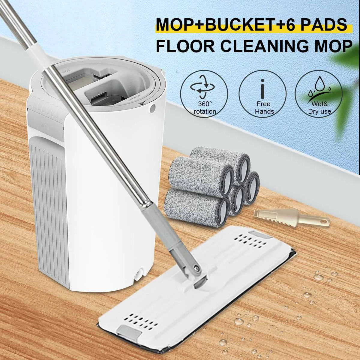 16'' Large Flat Mop and Narrow Bucket with 2 Microfiber Pads Mop with Bucket  and Squeeze Hand Free Wet Dry Use Mops Floor Clean - AliExpress