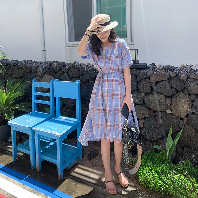 

2020 Retro Plaid Summer Elegant Lace-up Waist Hugging Short Sleeve Plaid Dress Children Summer Clothes
