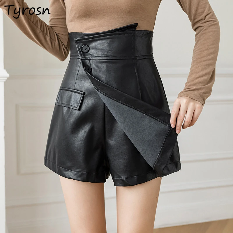 skorts Asymmetrical Shorts Women Design PU Button High Waisted Short Fashion Korean Style All-match Streetwear Chic Baggy Trousers Lady workout shorts