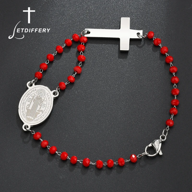 Letdiffery, религиозные браслеты из нержавеющей стали с подвеской Святого Бенедикта, красные стразы, бусины, крест, женский браслет, подарки на день рождения