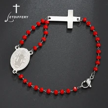 Letdiffery, религиозные браслеты из нержавеющей стали с подвеской Святого Бенедикта, красные стразы, бусины, крест, женский браслет, подарки на день рождения