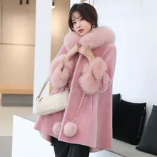 

New Grain Sheep Shearing Coat Women's Middle Long Fox Hair Hooded Wool Fur Jacket Winter A-Line Thick Warm Cute Pink Outwear