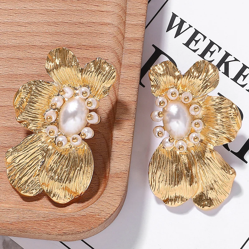 Tingfly Desinger Runway Позолоченные Роскошные вечерние серьги с искусственным жемчугом, ювелирные изделия в винтажном стиле, классические серьги большого размера с острым цветком