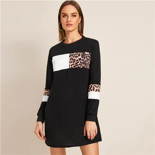 Черный Dotfashion, черное, контрастное, леопардовое, прямое платье для женщин,, осенняя толстовка, платья для девушек, повседневное, цветное, платье - Цвет: Черный