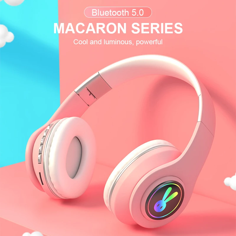 5 0 Bluetooth Headpset Cute Little Rabbit RGB LED Light Girl Kids Stereo Music Wireless Auscultadores with Microphone for xiaomi