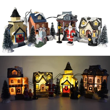 

Battery Powered Resin Kids Toy Home Decor Christmas Cabin Ornament Set Party Living Room Easy Install Holiday Festival DIY Gifts
