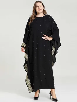 

Plus Size 2020 Women Loose embroidery Beading Black Muslim Hijab Dress ramadan robe Turkish Abaya Dubai Dresses Islamic Clothing