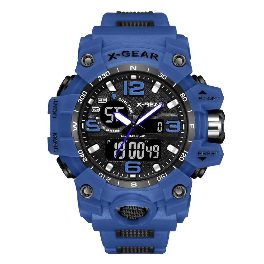 X-GEAR, Брендовые мужские модные водонепроницаемые аналоговые кварцевые часы с секундомером, мужские спортивные часы, повседневные цифровые часы, мужские часы - Цвет: Синий