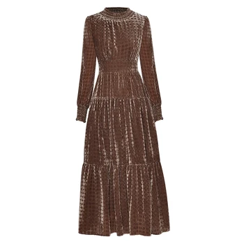 

HIGH QUALITY 2020 Newest Runway Autumn Dress Women's Long Sleeve Flocking Velvet Mid-calf Dress