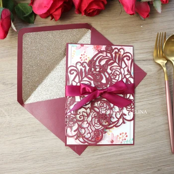 

50pc Burgundy Floral Laser Cut Wedding Invitations with Burgundy Ribbon and Glittery Envelope Quinceanera Party Invites