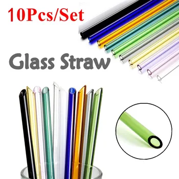 

10PCs Special Fine Curved Glass Straight Bend Drinking Glass Straws Reusable Eco-friendly With 2pcs Cleaning Brush