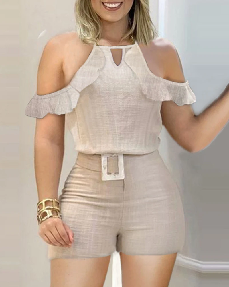 womens underwear sets Women Fashion O Neck Short Sleeve Plain Crop Top Sexy High Waist Skinny Bodycon Shorts Two Pieces Suit Flare Pants Set With Belt lingerie set