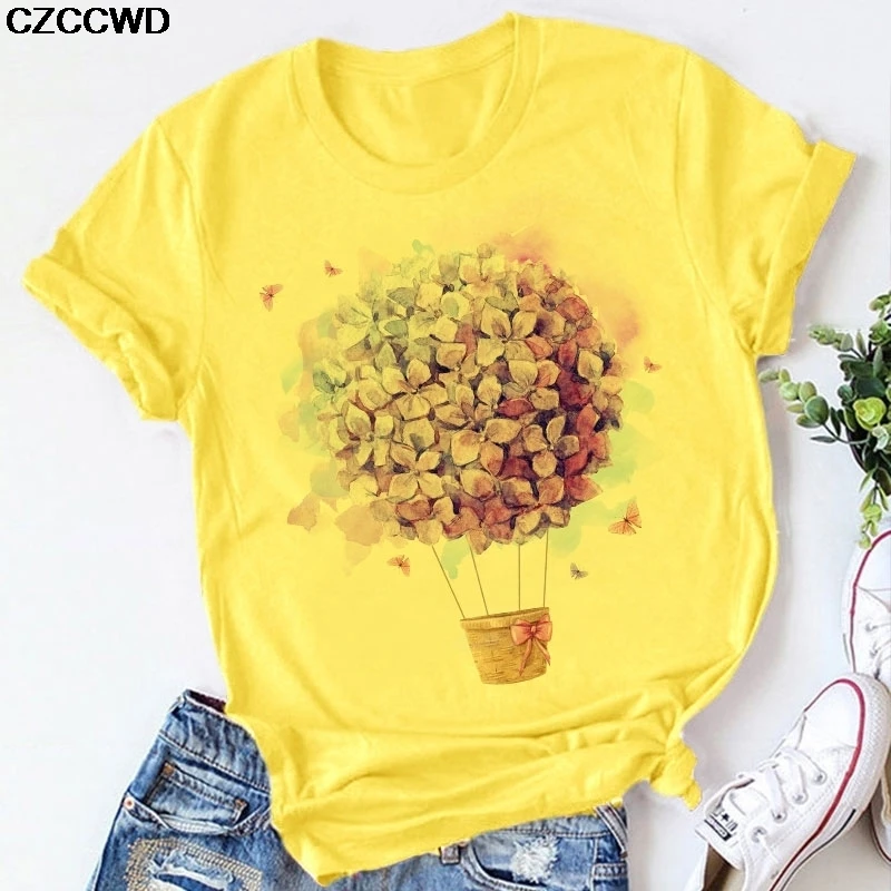Summer 2020 New Vogue Yellow Vase Floral Print Tshirt Harajuku Elegant T Shirt Cute Casual Loose Short Sleeve T-shirt Women Top