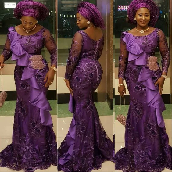 Фиолетовые Вечерние платья Aso Ebi с длинным рукавом аппликацией из мерамида
