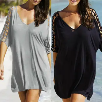 

Women Plus Size V-Neck Hollow Out Swimwear Beachwear Women Bikini Beach Wear Cover Up Kaftan Ladies Summer Black Beach Dresses