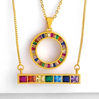 

Boho Cubic Zirconia Bar Pendant Necklaces for Women Fashion Gold Chain Long CZ Colorful Circle Rainbow Necklaces Jewelry nke-p71