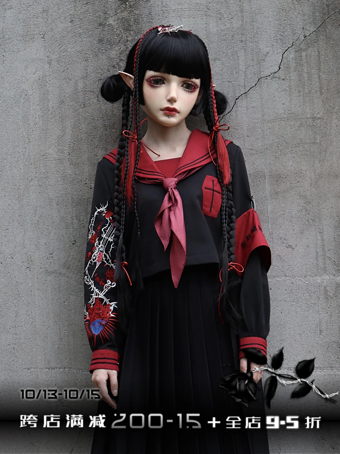 ゴシックパンクスタイルのハート刺繍ユニフォーム オリジナルデザイン 半袖 セーラーカラー 女の子向け 黒 パンツスーツ Aliexpress