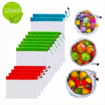 

12Pcs Reusable Mesh Produce Bags with Drawstring,Washable and See Through Tare Weight Tags for Shopping,Fruit,Vegetable