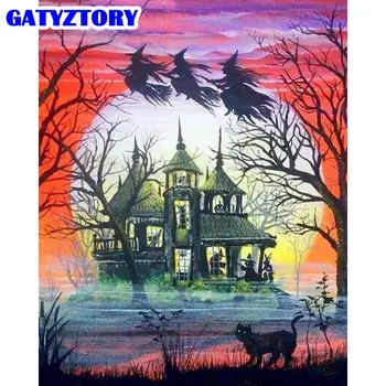 

GATYZTORY Picture By Numbers For Kids Halloween Room Decor Unique Gift Witch Castle Landscape Oil Paints Framed On Canvas Decor