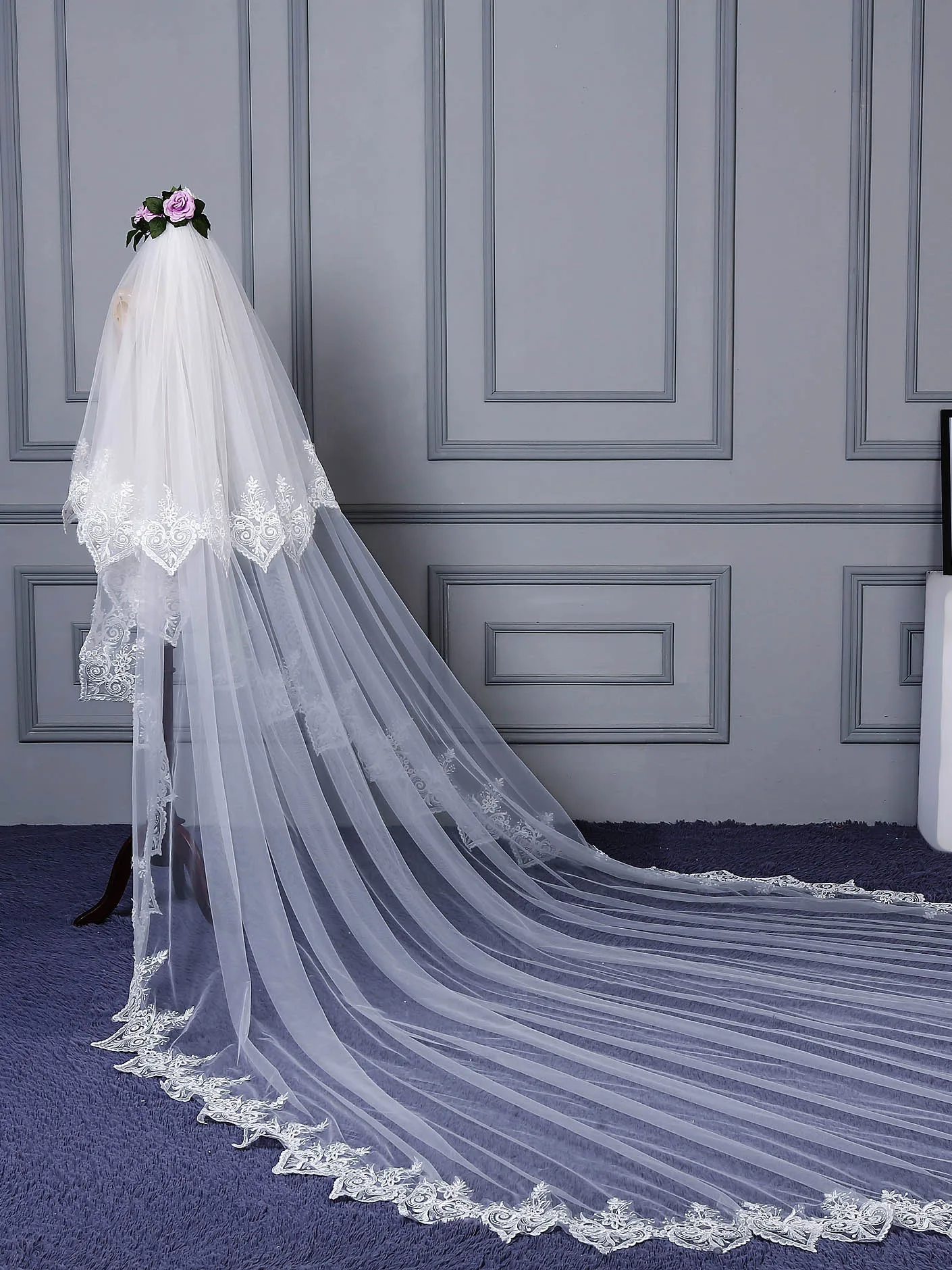 Tanpell Fancy Two Layer Lace Edge Wedding Veil Delicate Ivory Tulle Simple Long Bridal Wedding Veil