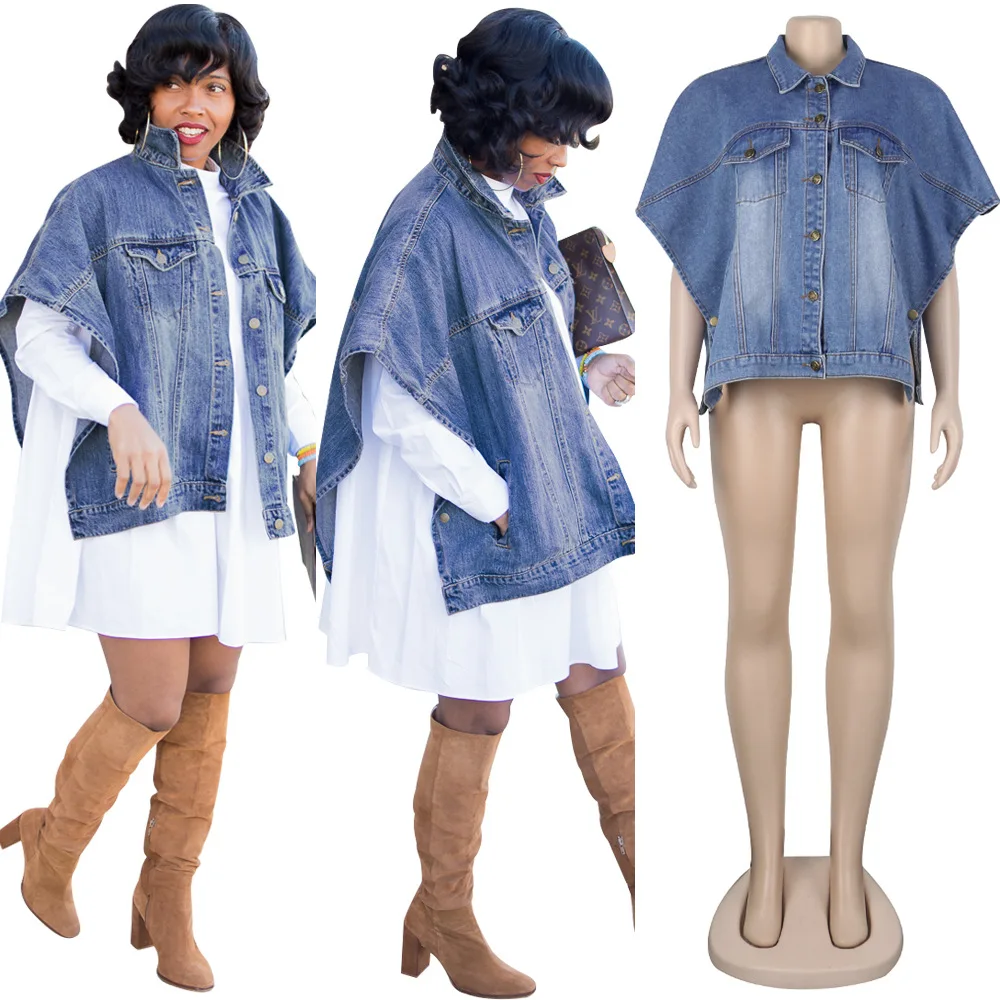 

Newest Styles Blue Denim Women Coats Spring Autumn Short Sleeves Loose Irregular Fashion Lady Jackets Daily Streetwear Coat