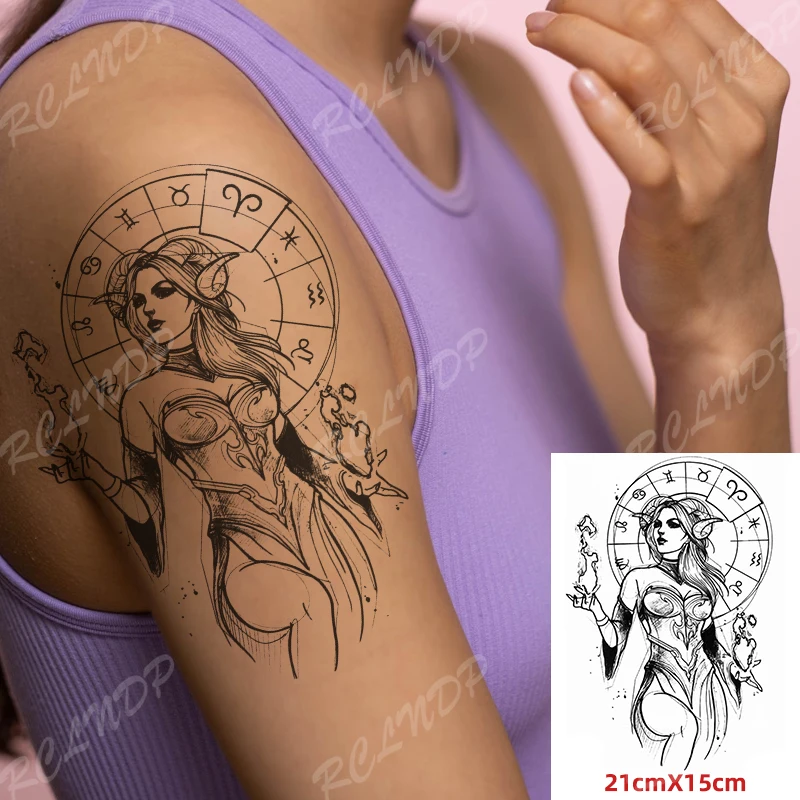 

Waterproof Temporary Tattoo Sticker Aries Twelve Constellations Symbol Sexy Shofar Girl Flash Tatoo Fake Tatto for Women Men