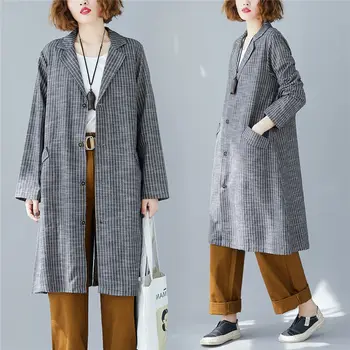 

Large Size Women's Clothing 2020 Spring Autumn Striped Suit Jacket Mid-length Loose Windbreaker Women Long Shirt Jacket Top