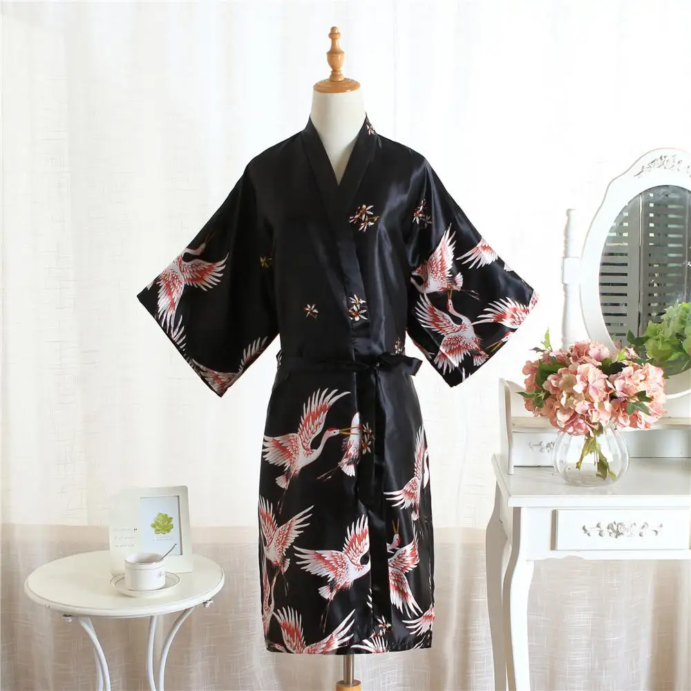 Черное женское кимоно, халат из сатина, мягкий халат, ночная рубашка, Летняя короткая повседневная одежда для сна, Высококачественный Свадебный Халат - Цвет: Black A