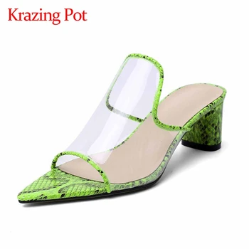 

Krazing pot new jelly shoes mixed cloth pointed peep toe high square heel summer shoes slip on mules big size sandals women L66