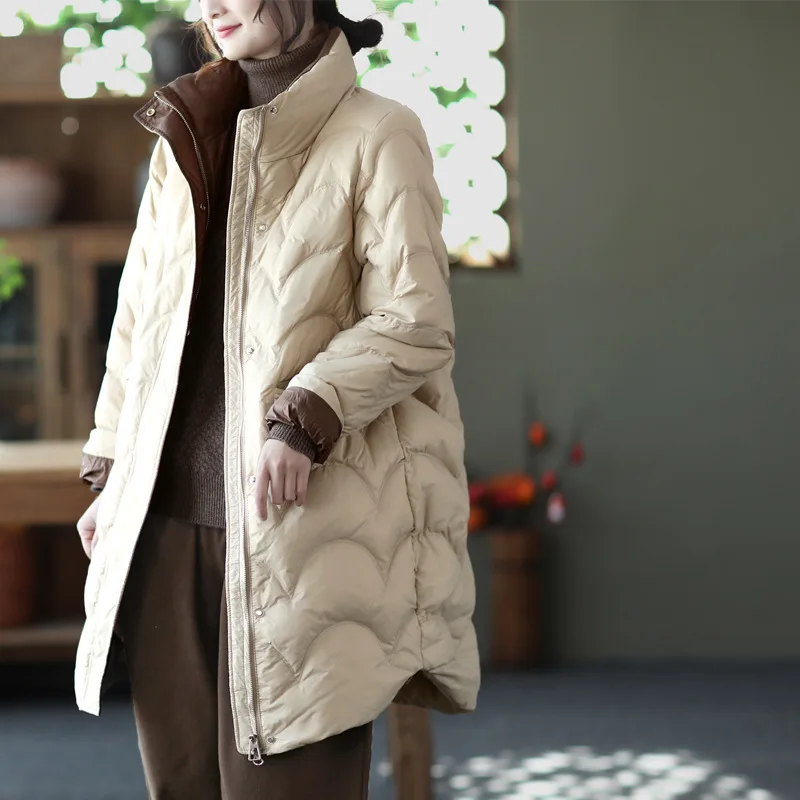 Mid-length Stand-up Collar Button Down Jacket 2021 Autumn and Winter Warm White Duck Down Jacket Women Clothes