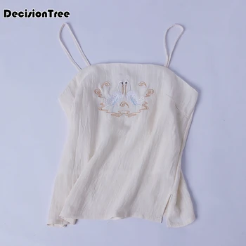 

2020 Chinese Camisoles women kimono tops hanfu blouse beige shirt ladies costumes embroidery flowers qipao blouse tanks