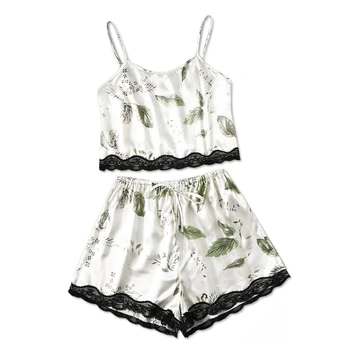 

CHANSGEND Tropical Print Satin Pajama Set Women Summer Casual Sleeveless Spaghetti Strap Sleepwear Cute Fresh Girls Nightwear A9