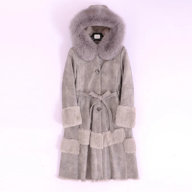 Толстая теплая шуба с длинным рукавом супер большой Лисий меховой воротник овчина пальто для женщин - Цвет: Светло-серый