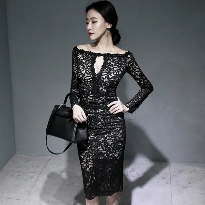 

Autumn Hollow Out Slash Neck Long Sleeve Black Women Vestidos Knee-Length Bodycon Sexy Lace Party Dress