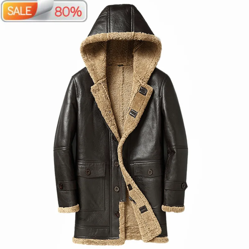 

Winter Warm Jacket Men Medium Long Lamb Real Fur Shearling Casual Sheepskin Wool Leather Coat 1A77 LWL10A9