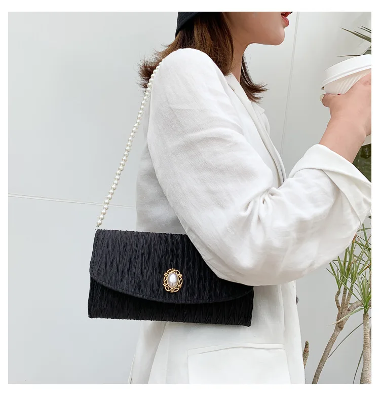 

Fashion Pleated new handbags High quality PU leather Women bag Small incense wind pearl chain Shoulder bag evening bag