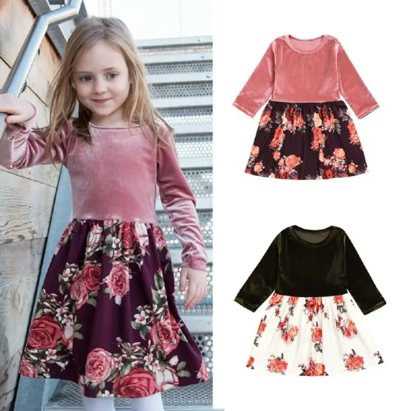 1-5 Years Girls Autumn Dress Long Sleeve Floral Patchwork Princess Dresses For Warm Gold Velvet Kids Clothes | Детская одежда и