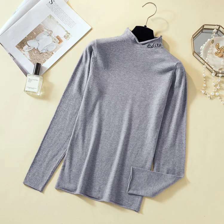 Turtleneck Elastic Crop Tops Long Sleeve Short sweater Female Autumn Tops and Tees Short Casual - Цвет: Серый