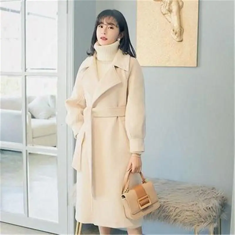 

2019 New Autumn Winter Women Thick Warm Single Breasted Belt Wool Blend Long Coat Ladies Loose Casual Woolen Jacket Mujer J46
