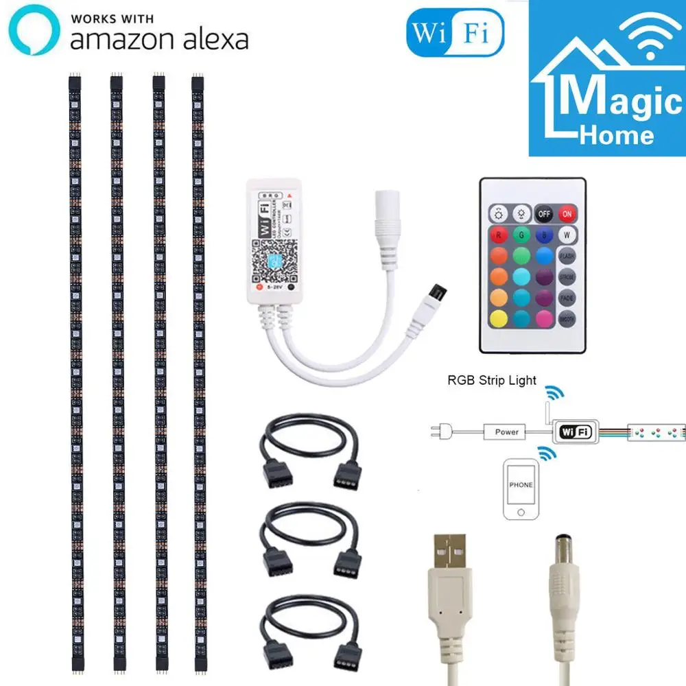 

4 x LED Strip Light RGB 5050 USB Smart WiFi Ribbon Fita Led Light Strip for Alexa Google 5V with Remote Control