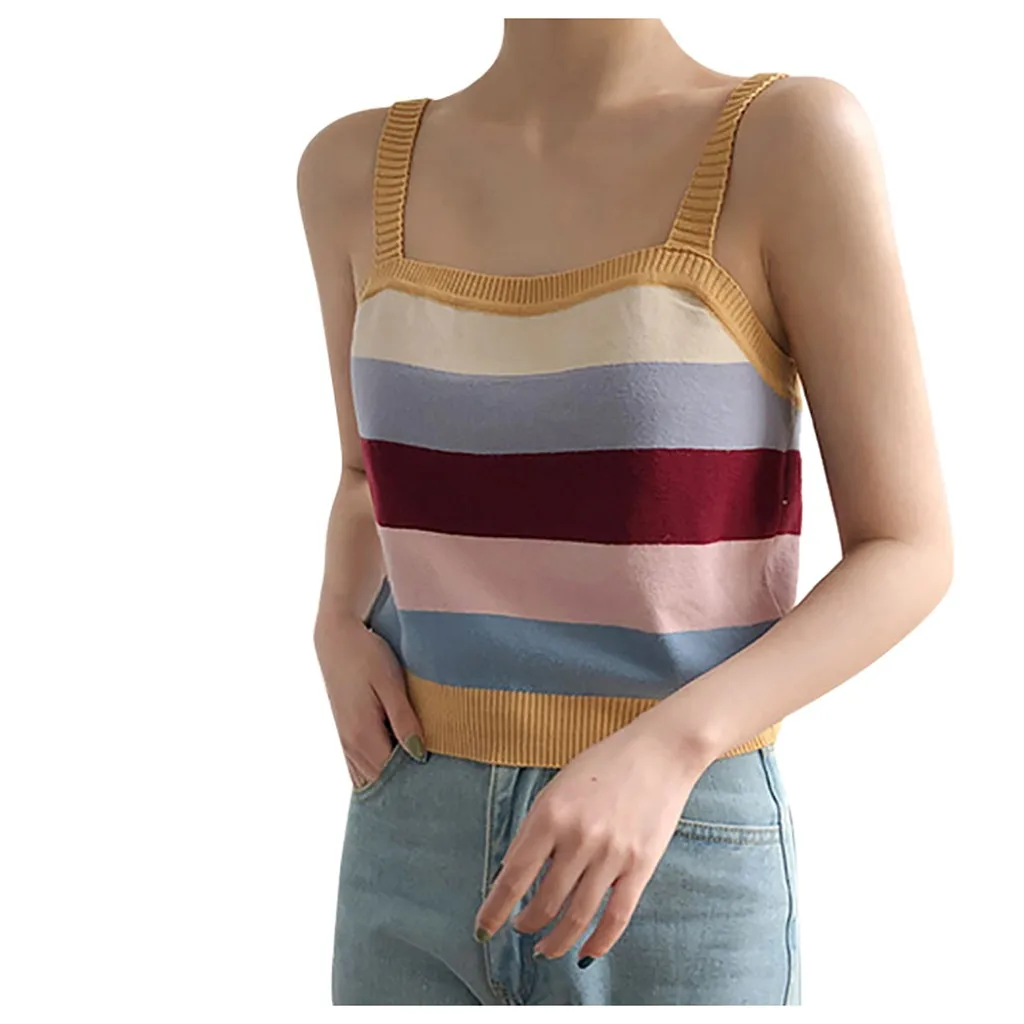 

Summer Women Casual Striped Bodycon Tank Spaghetti Straps Sleeveless Vest Sling Slim Tank Vest Tops Cropped Feminino