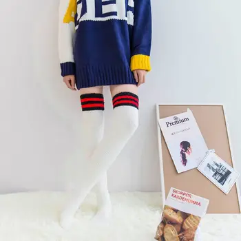 

Women Over Knee Long Socks Candy Color Stripes Coral Velvet Thigh High