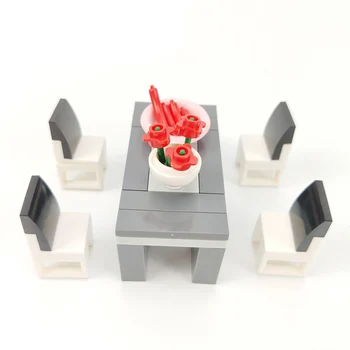 

MOC City Dinner Table Chair Model Set Grey White Toys For Children Home Furniture Education Gift Compatible City Building Blocks