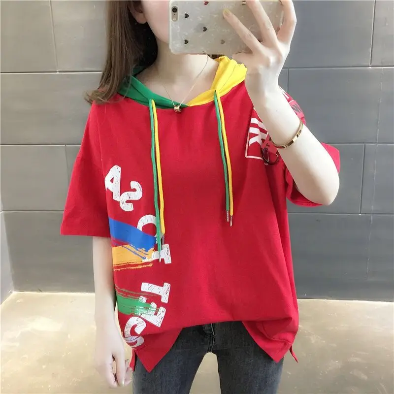 Pullover hooded short-sleeved women 2020 spring and summer new Korean loose color matching graffiti half-sleeved hoodie shirt Pullover hooded short-sleeved women 2020 spring and summer new Korean loose color matching graffiti half-sleeved hoodie shirt