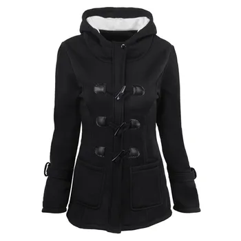 

S-6XL Hooded Winter Cotton Women Horn Buckle Coat Jacket Hooded Blended Thicken Female Grey Black Warm Student Bread Crumbs