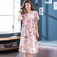 Summer Cotton Women's Nightgown Nightdress Leaf Print Sleepwear Casual Nightwear Loose Nightgowns Fashion Sleepshirts Big Yards - Image 2