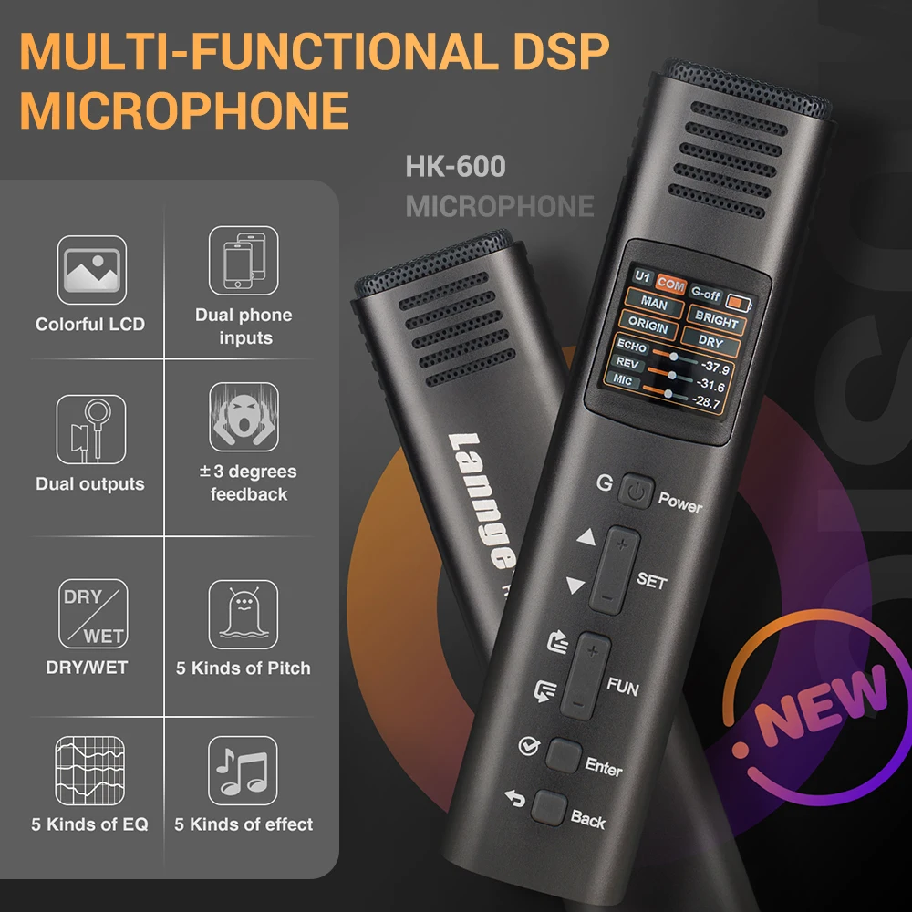 Lannge HK-600 Многофункциональный микрофон DSP однонаправленный микрофон с 1,3 дюймовым цветным ЖК-дисплеем 5 видов Pitch/EQ/Effect