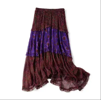 

Women's Floral Print Midi Skirt A-line Patchwork Irregular Causal Long Skirt 2020 New